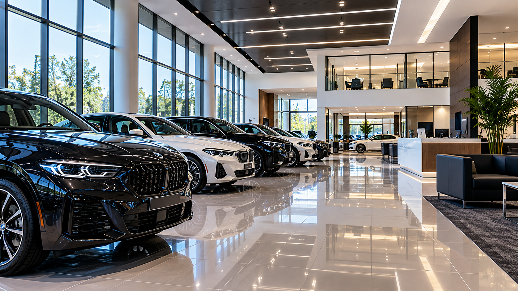 Polished vehicles inside a car showroom